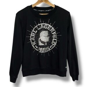 Karl Lagerfeld Paris Black Crewneck Sweatshirt Silver Face Logo Women's Small